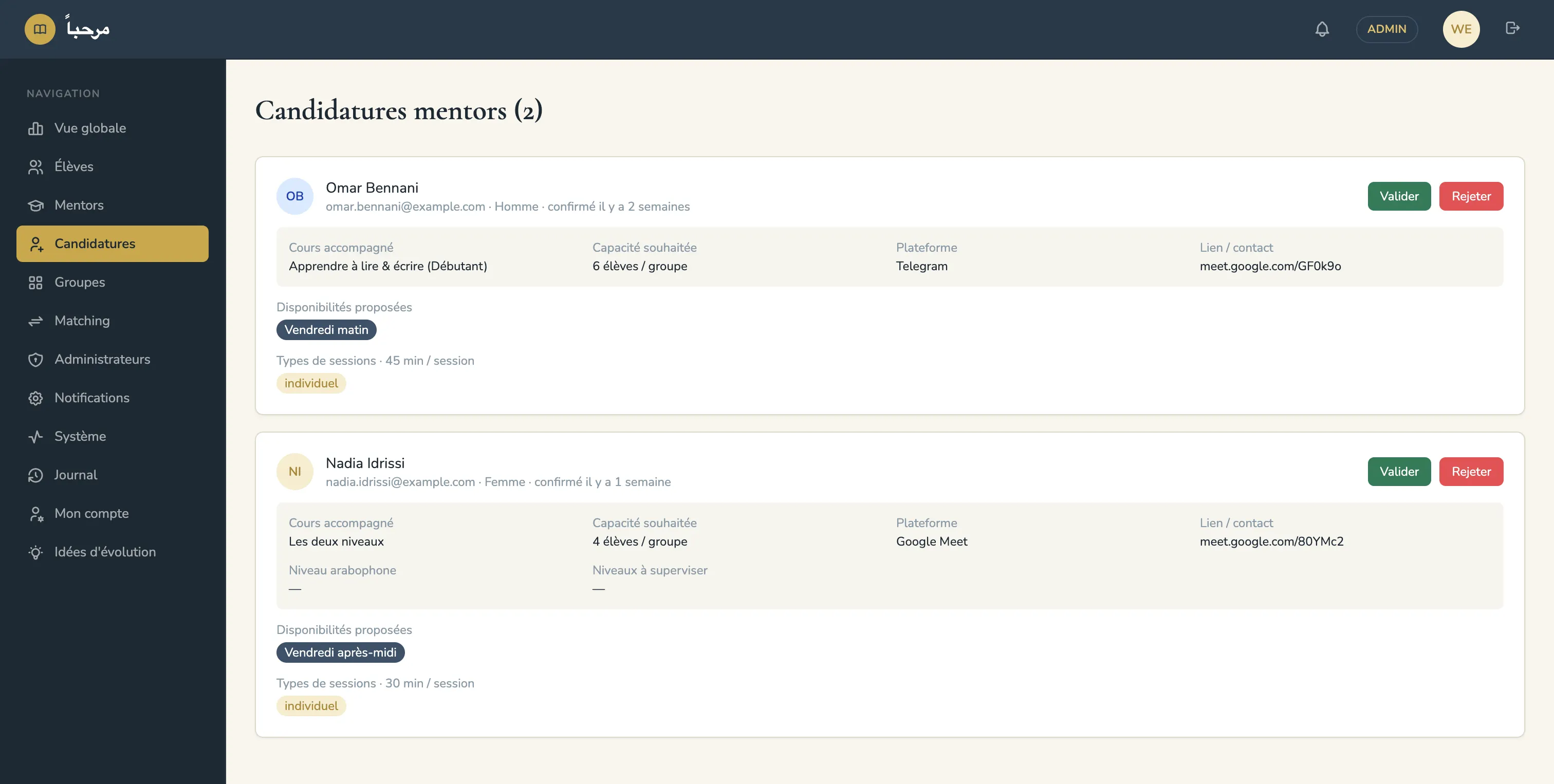 mentorat admin candidatures