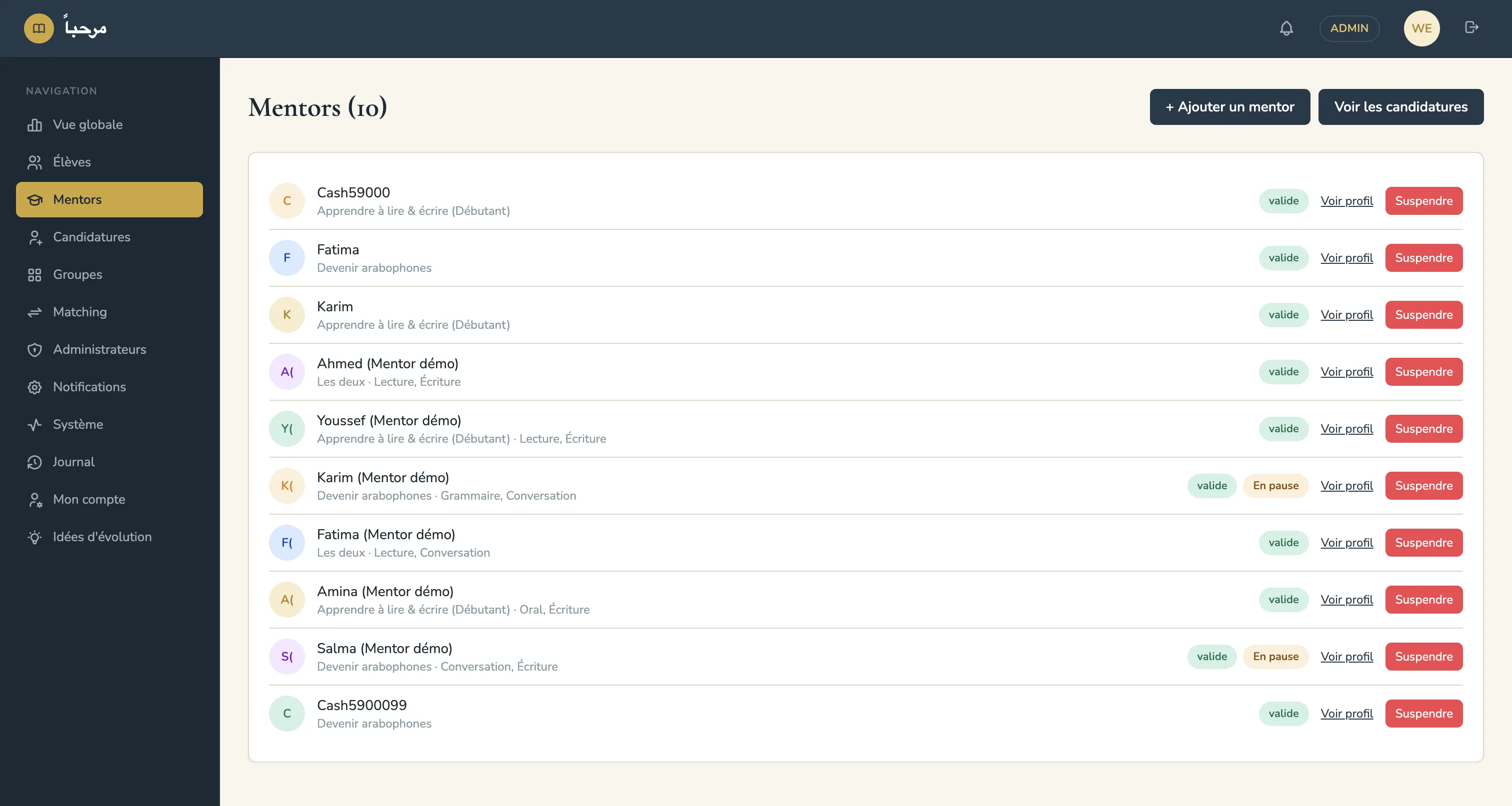 mentorat admin mentors