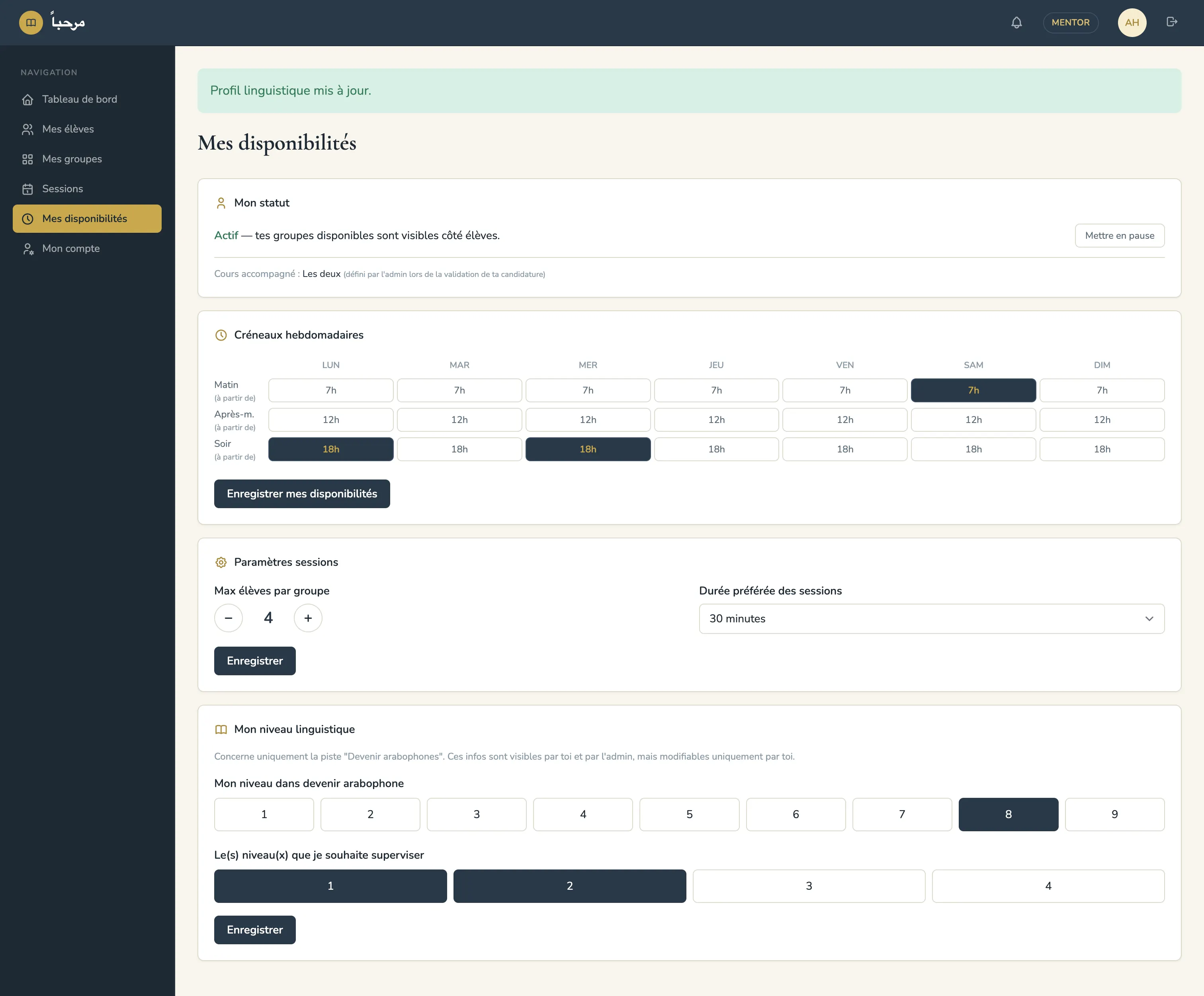 mentorat mentor availabilities